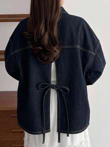 FRIFUL Jaket Denim Lengan Panjang Kancing Tunggal dengan Dua Saku, Serbaguna, untuk Wanita, Cocok untuk Musim Gugur. - Biru - View 10