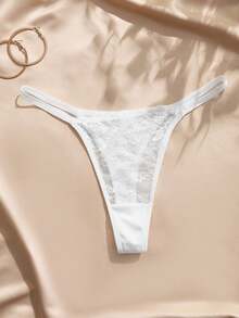 Charlaine Burgundy Women's T-Back Lace Patchwork Satin Panty, 1pc - White - View 1
