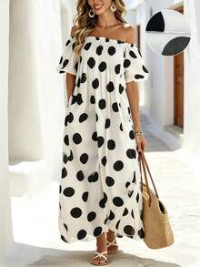 Breezaya Women's Casual Vacation Minimalist Off-Shoulder Dress - Black and White - View 1