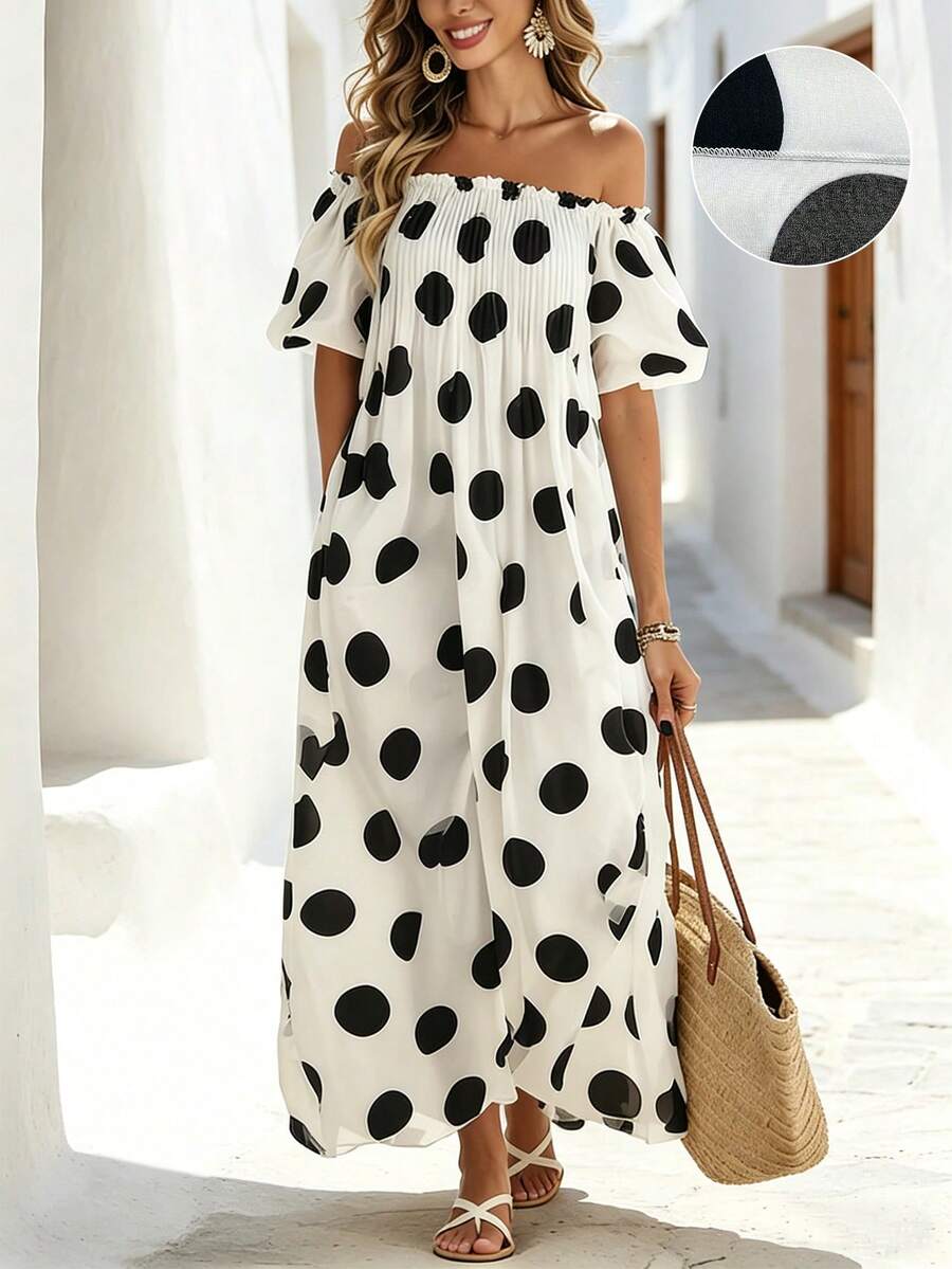 Breezaya Women's Casual Vacation Minimalist Off-Shoulder Dress - Black and White - View 1