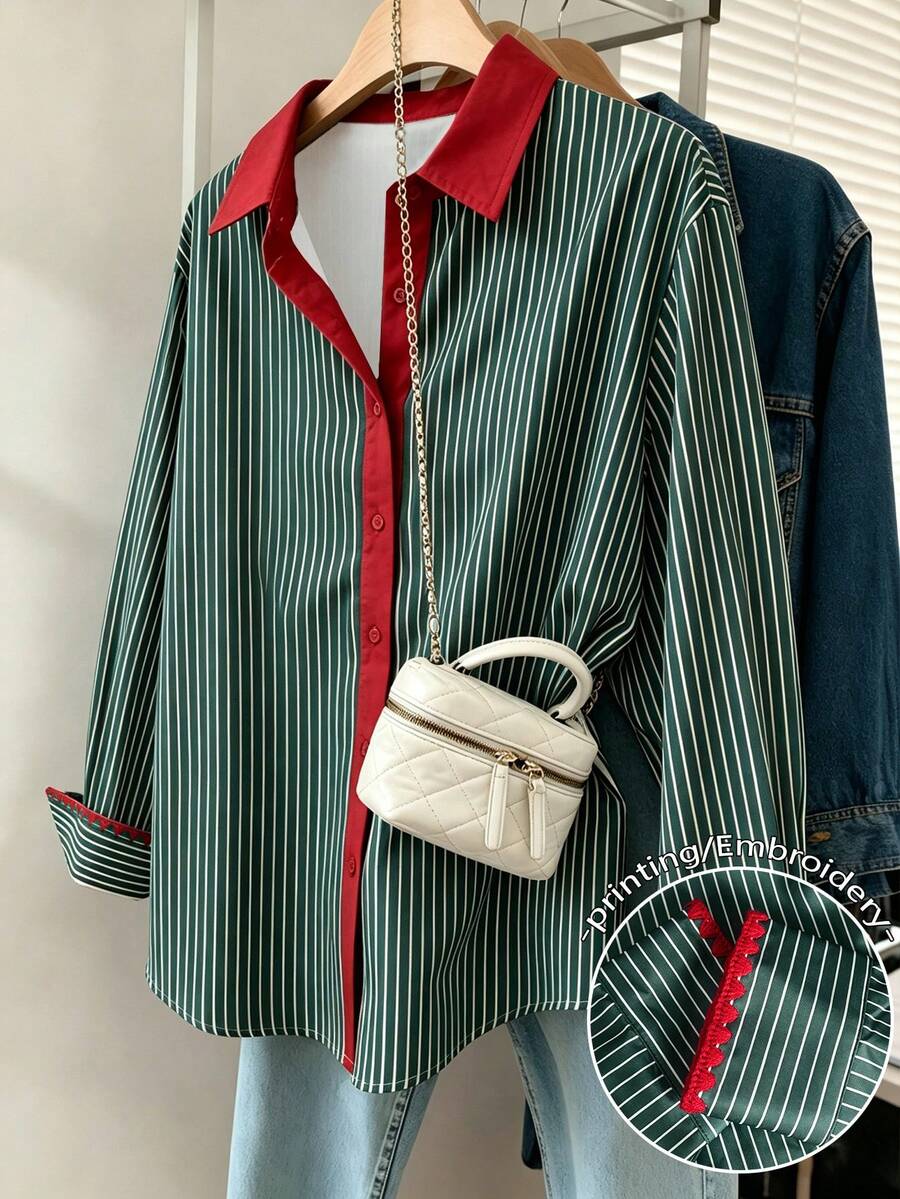Resyla Women's Plus Size Striped Long Sleeve Shirt Fall - Multicolor - View 1