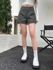 DAZY 女款純色高腰休閒通勤短褲 - 灰色 - 查看 5