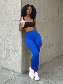 Core Rhythm Solid Color Seamless High Elasticity Sports Leggings - Royal Blue - View 1