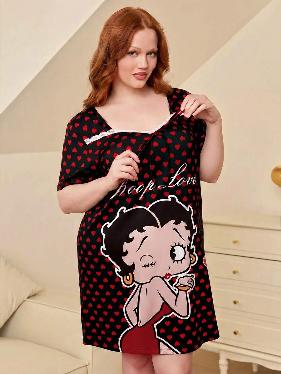 Betty Boop x SHEIN 大码休闲时尚爱心卡通印花甜心领蕾丝红色女士睡裙,Moo Moo睡衣 - 黑色 - 查看 1