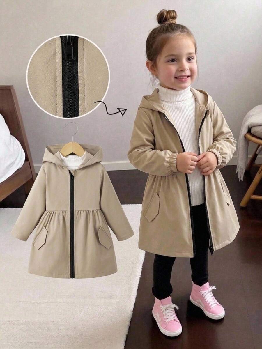 SHEIN 女童冬季外套,卡其色連帽時尚夾克,適合日常休閒穿著 - 駝色 - 查看 1