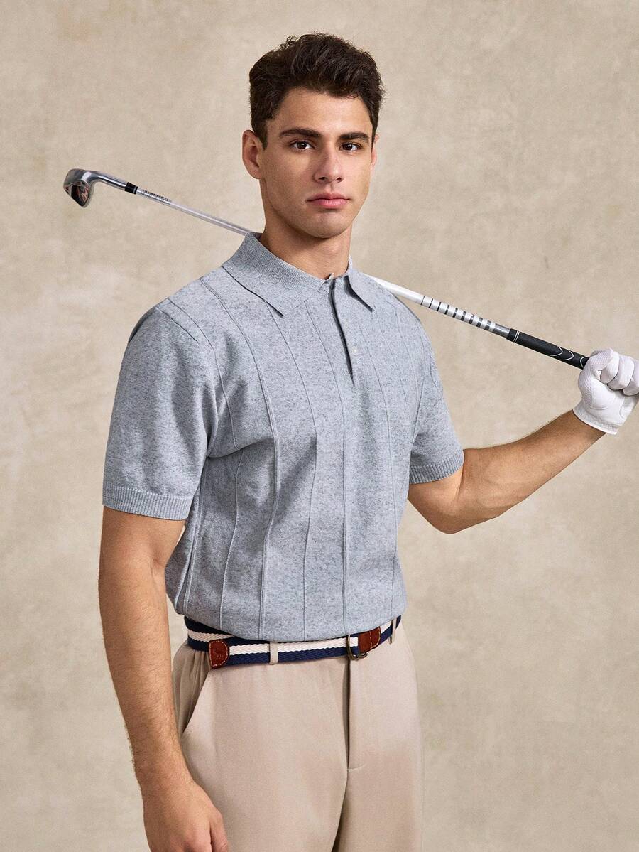 Golf Men's Short Sleeve Button Knit Top Suitable For Sports Basic Vintage And Outdoor Golf White - Light Grey - View 1