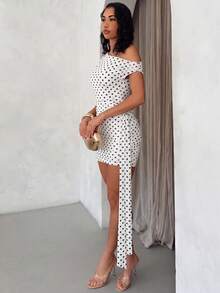 Glamine Vestido de verano para mujer de malla naranja con hombro asimétrico, ajustado y fruncido con cinta - Blanco y Negro - Ver 5