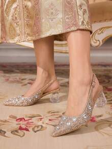 CUCCOO TILAWA Women's Crystal And Glass Rhinestone Pointed Light Gold High-Heeled Shoes, Suitable For Going Out, Banquets, Parties And Other Activities - Light gold - View 10