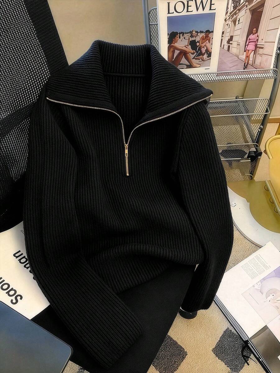 GlowEve CURVE Plus Size Casual Zip-Up Pullover Sweater With Reversible Collar And Long Sleeves Winter - Black - View 1