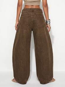 Normani Women's Fashion Versatile Button Pocket Loose Fit Denim Jeans Women's Fall Teacher Pants - Coffee Brown - View 2