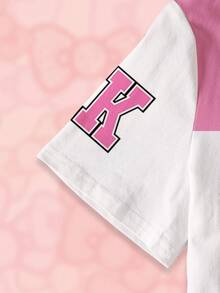 HELLO KITTY AND FRIENDS | SHEIN 青少年女孩卡通文字图案圆领短袖舒适休闲运动T恤，夏季 - 白色 - 查看 4