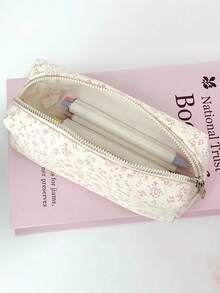 1PC Durable Natural Linen Pink Floral Print Ins Style Multi Purpose Zipper Pencil Case For Student Desk Stationery Makeup Organizer Back To School Gift - Single Piece - View 4