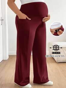 Plussiva 大尺碼孕婦純色可調腰帶休閒長褲附口袋 - 酒紅色 - 查看 1
