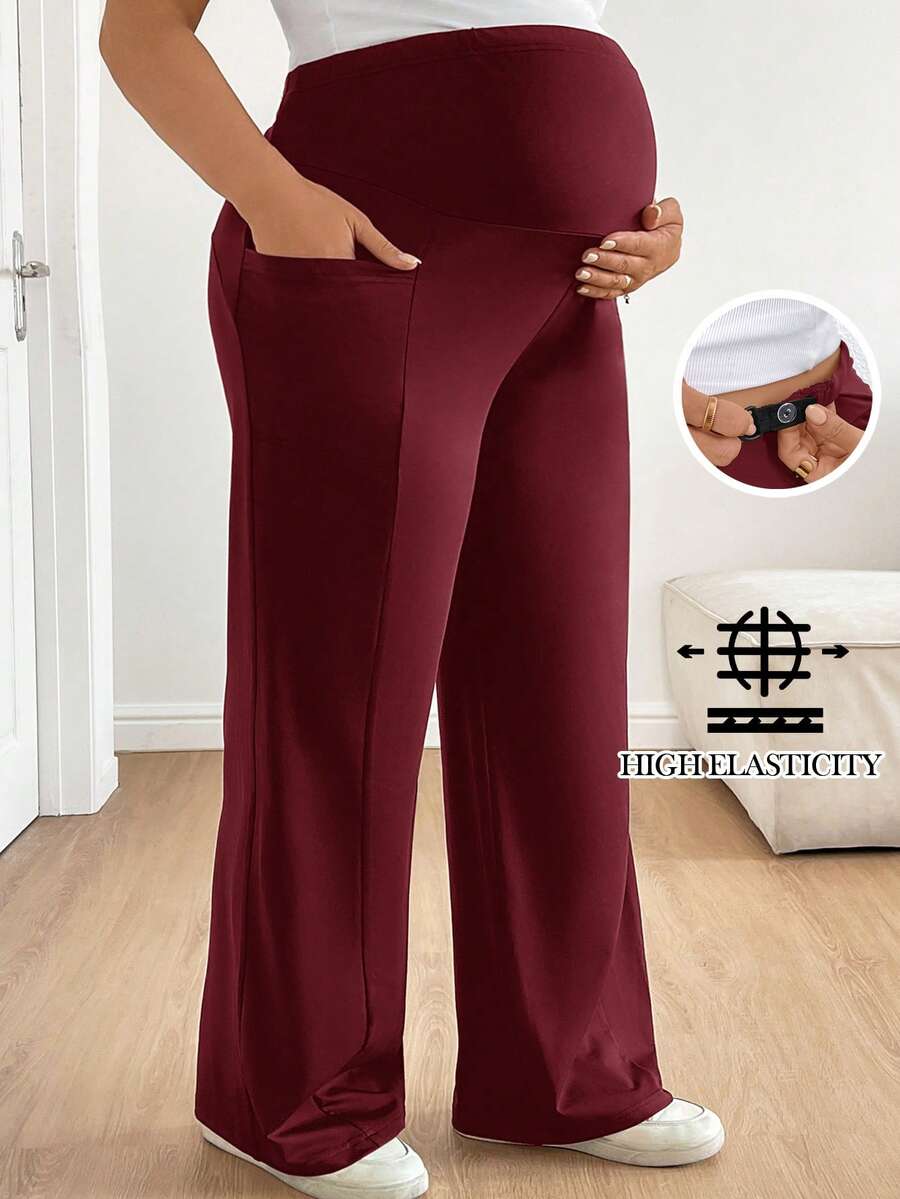 Plussiva 大尺碼孕婦純色可調腰帶休閒長褲附口袋 - 酒紅色 - 查看 1