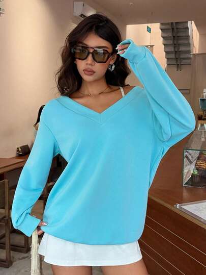 Aloruh Women's Solid Color V-Neck Drop Shoulder Long Sleeve Casual Streetwear Sweatshirt Everyday Travel Light Blue Autumn School