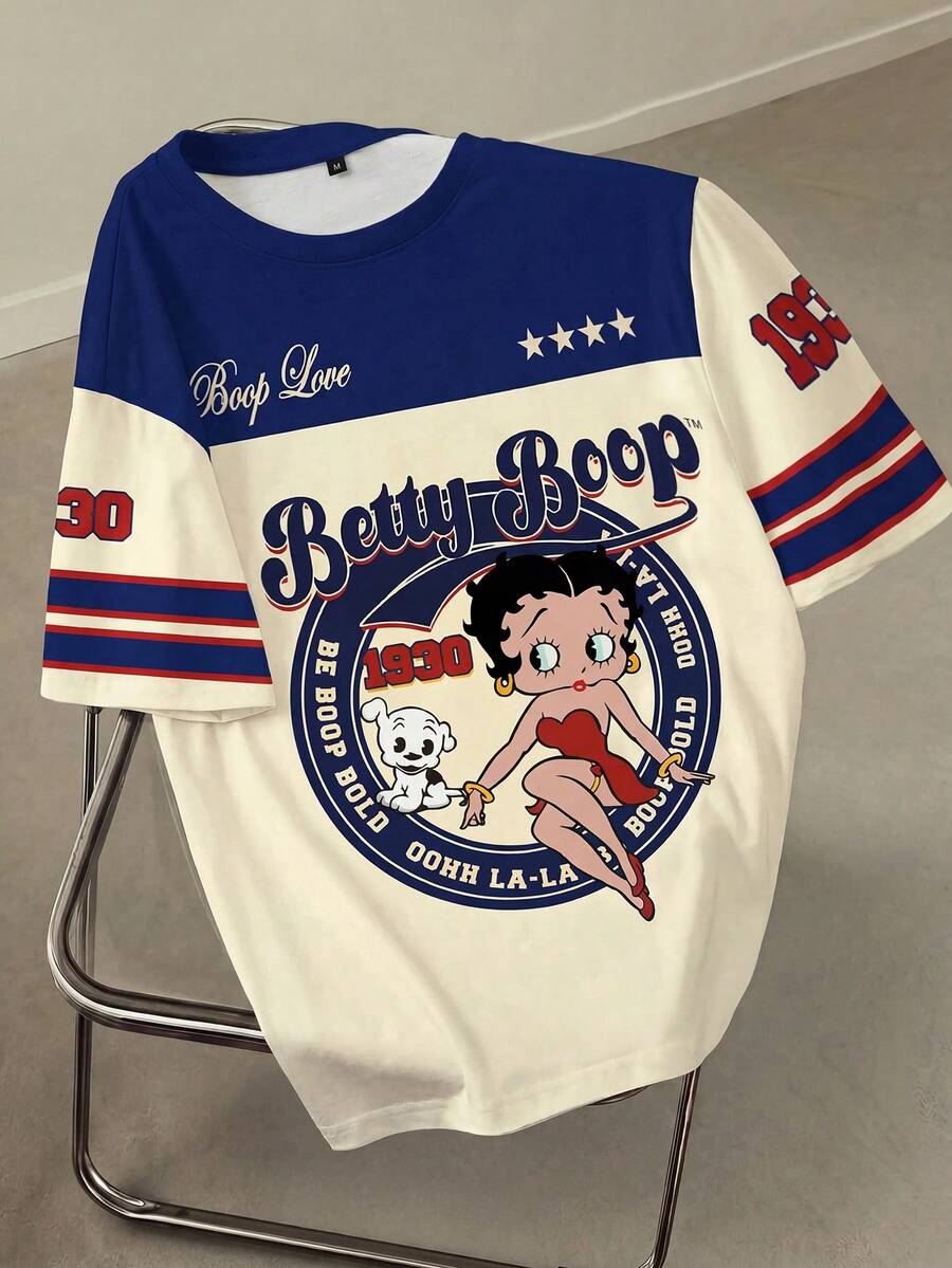 Betty Boop x SHEIN 大码女式休闲时尚街头风日常通勤卡通字母印花撞色宽松短袖T恤 - 白色 - 查看 1
