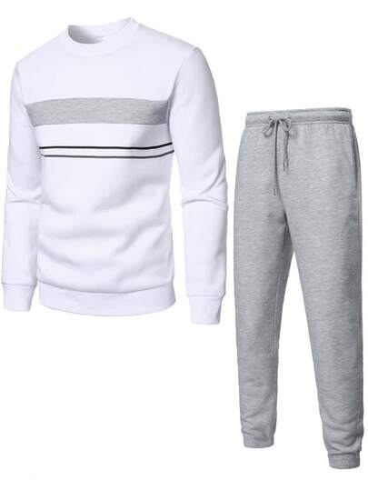Manfinity Homme Men's Fashion Casual Colorblock Striped Sweatshirt & Sweatpants Set