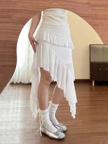 SHEIN MOD Plus Size Women's Asymmetrical Ruffle Hem Skirt Fall - White - View 3