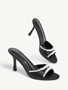 CUCCOO CHICEST Women ShoesL 女款黑色緞面珍珠串珠時尚優雅圓頭細跟拖鞋 - 黑色沙丁 - 查看 3