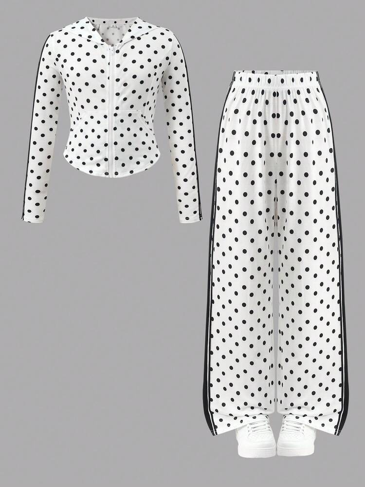 Girls' Black & White Polka Dot Hooded Set, Zip-Up Hooded Top & Side Stripe Wide Leg Pants 2-Piece Outfit, Skin-Friendly Fabric, Retro Casual Style Children's Wear, Spring/Autumn Daily, Travel, School Outfit, Niche Design Tween Girl Clothing - Black and White - View 2