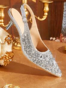 CUCCOO TILAWA Women's Fashion Electroplated And Glass Rhinestone Pointed Silver Women's High-Heeled Shoes, Suitable For Going Out, Banquets, Parties - Silver - View 7