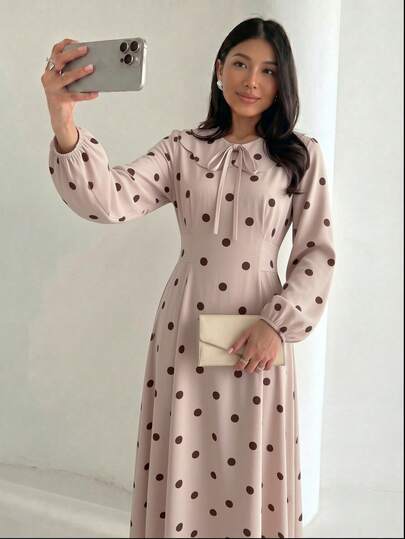 Yasmyna Apricot Vintage Polka Dot Peter Pan Collar Lantern Sleeve Long Sweet Gentle Elegant Daily Low Saturation Milk Tea Color Full Skirt Commute Date Dress