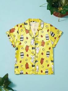We Bare Bears X Joivida Conjunto de pijama de 2 piezas con manga corta y pantalones cortos con estampado, ropa de casa casual para mujer - Amarillo - Ver 2
