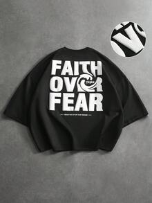 PAVTROS Kaos Pria Model Longgar Kasual dengan Potongan Bahu Jatuh dan Kerah Bulat, Motif Slogan - Hitam - View 3
