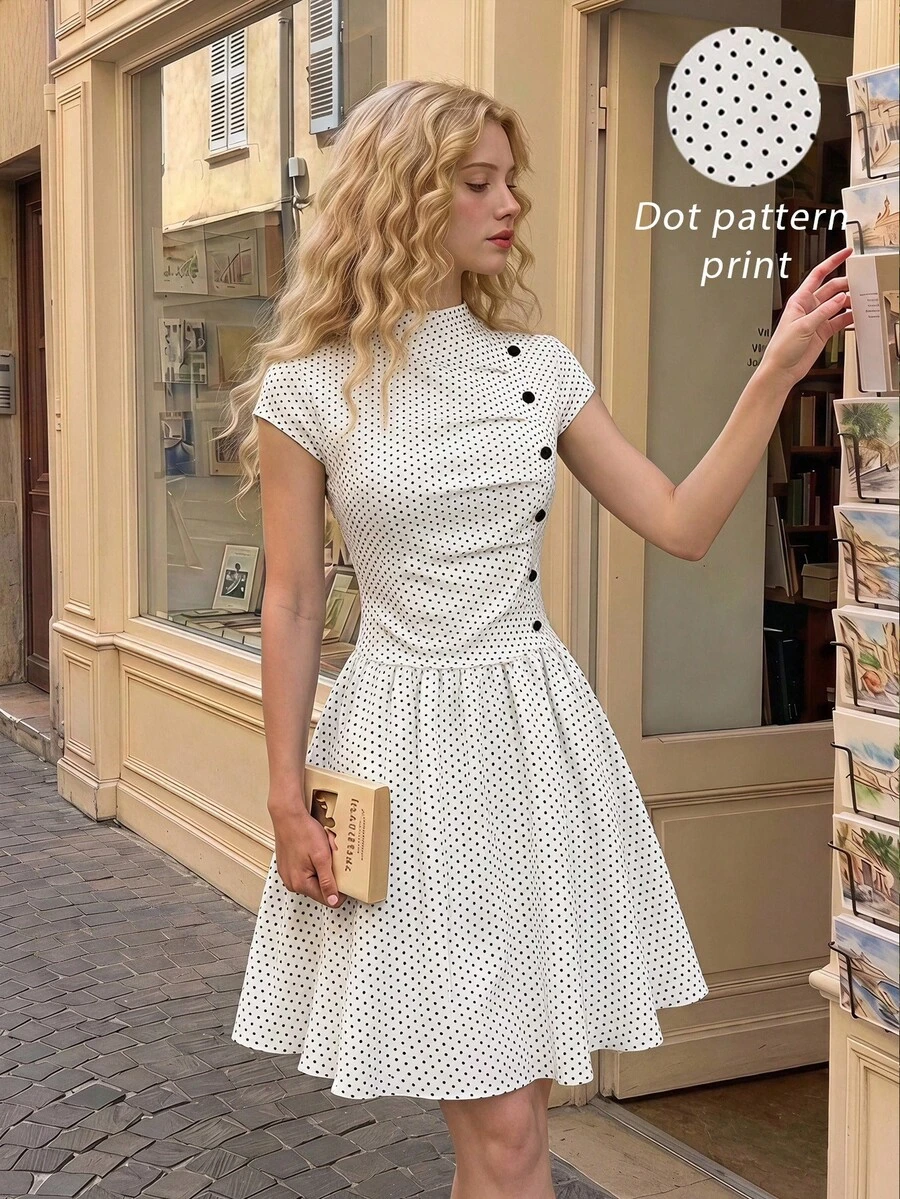 SHEIN MOD 女款波點印花立領鈕扣設計休閒短洋裝 - 黑與白 - 查看 1