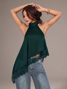 SHEIN PETITE 不對稱高領掛脖上衣，蕾絲飾邊，適合晚宴派對雞尾酒會正式場合 - 墨綠色 - 查看 3