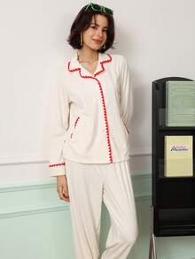 Chillnights Women's Shell Embroidery Contrast Color Pocket Top And Long Pants Pajama Set Sleep Red And White Checkered Autumn Cute Kawaii - White - View 7