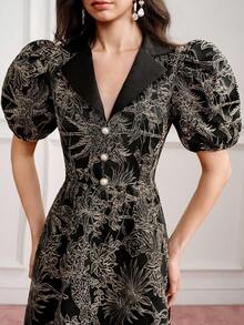 BELROSIE BELROSIE Dress Puff Sleeve Slim A-Line Jacquard Contrast Suit Collar Pearl Button Retro Elegant Black And Gold Leaf For Party Night Dinner Summer Wedding - Multicolor - View 2