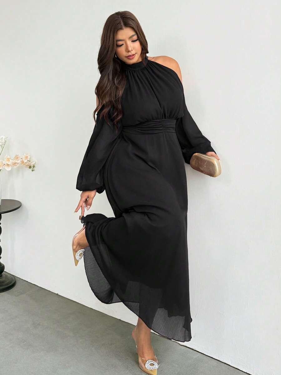 Firerie Plus Size Elegant Solid Color Cold Shoulder Halter Neck Dress Fall