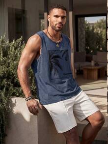 EASEVO Plus Size Men's Summer Vacation Palm Tree Printed Loose Fit Knit Casual Tank Top, Father's Day Gifts - Blue - View 1