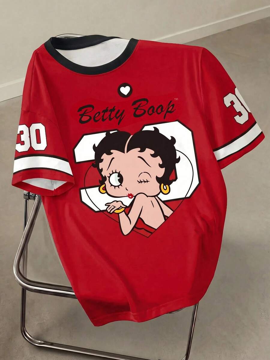 Betty Boop x SHEIN Kaos Lengan Pendek Kasual Wanita Motif Kartun, Musim Panas - Putih - View 1