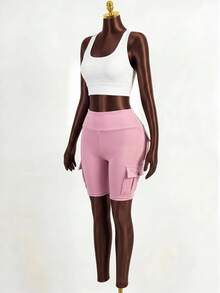 Zolique Pink Solid Color Cargo Sports Shorts, Women's Activewear, Casual Summer Going Out Outfits - Pink - View 5