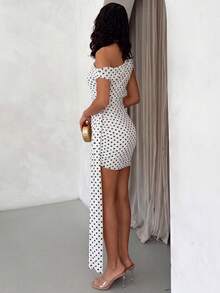 Glamine Vestido de verano para mujer de malla naranja con hombro asimétrico, ajustado y fruncido con cinta - Blanco y Negro - Ver 2