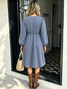 LanaWest Women's Blue Lace Tassel Ruffle Mid-Length Puff Sleeve Dress, Western Vacation Style - Blue - View 2