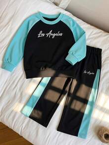 Boys Korean Style Minimalist Black & Grey Colorblock Raglan Sleeve Crew Neck Sweatshirt With Matching Colorblock Loose Sweatpants Set, Spring Daily Outfit - Black - View 5