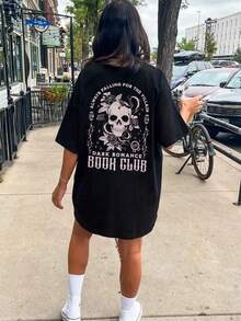 NostaNoir 女款休閒寬鬆 T-shirt，印有標語與骷髏圖案，街頭風，適合夏季與萬聖節 - 黑色 - 查看 3