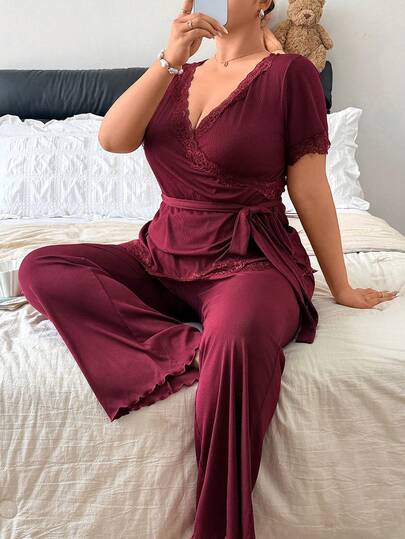 Napfluff CURVE Napfluff CURVE Women's Casual V-Neck Lace Patchwork Belt Waist-Cinching Flared Short Sleeve Long Pants Plus Size Pajama Set