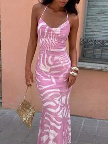 Tropical Leopard Print Backless Dress For Vacation Vacation Beach Pink Zebra Print Summer - Navy Blue - View 9