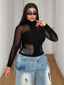 Maweii Plus Size Women's Hollow Design Fitted Sexy Top Fall - Black - View 4