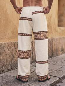Ocevento Men's Cream Wide-Leg Pants With Colorful Geometric Woven Stripe Bands. Elastic Drawstring Waist In Lightweight Linen-Blend. Relaxed Resort Style For B - Khaki - View 2