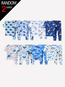 [8 Sets Randomly Send 2 Sets]Baby Boys Pajamas Cute Cartoon Print Short Sleeve Long Pants Knit Snug Fit Pajama Set - Multicolor - View 2