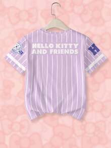 HELLO KITTY AND FRIENDS | SHEIN تي شيرت بياقة طاقم وأكمام قصيرة بطبعة مخططة ونقشة كرتونية للبنات المراهقات - أبيض - مشاهدة 2