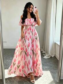 RosyDaze Summer, Elegant Party Dress, Wedding Guest Dress, Graduation Dress, Pink Dress, Women's Floral Dress, Outwear, Lace Edge Off-The-Shoulder Long Dress - Pink - View 4