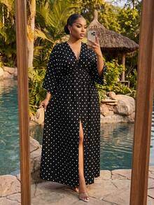 SHEIN Lady CURVE 大尺碼女款V領波點開衩設計休閒日常洋裝 - 黑色 - 查看 3