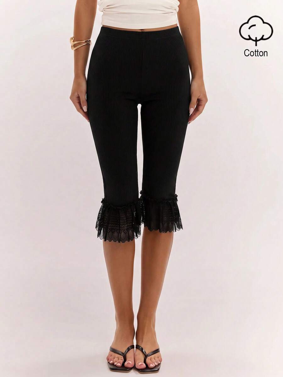 SHEIN BAE Women's Solid Color Contrast Lace Ruffle Hem Fashion Capri Length Pants - Black - View 1