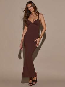 SHEIN BAE Women's Solid Coffee Brown Basic Minimalist Spaghetti Strap Dress With Built-In Padded Cups, Push-Up Fitted Straight Long Elegant Party Dinner Summer - Brown - View 3